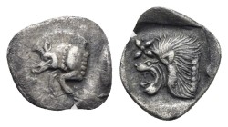 MYSIA. Kyzikos. Circa 450-400 BC. Hemiobol (Silver, 9.52 mm, 0.40 g). Forepart of a boar running to left; behind, tunny fish swimming upwards. Rev. Li...