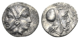 MYSIA. Lampsakos. Circa 4th-3rd century BC. Diobol (Silver, 13.11 mm, 1.14 g). Janiform female head wearing tainia and circular earring. Rev. [Λ Α] Μ ...