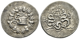 MYSIA. Pergamom. Circa 166-67 BC. Tetradrachm (Silver, 28.36 mm, 12.61 g) Cistophoric issue, struck circa 85-76 BC under the prytanis Kr[-]. Cista mys...
