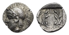 AEOLIS. Elaia. Circa 450-400 BC. Hemiobol (Silver, 8.48 mm, 0.38 g). Helmeted head of Athena left. Rev. [E-Λ-A-I] Laurel wreath; all within in incuse ...