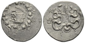 IONIA. Ephesos. Cistophorus (Silver, 25.62 mm, 12.53 g), Year 53 = 82/1 BC. Serpent emerging from cista mystica; all within ivy wreath. Rev. Two serpe...
