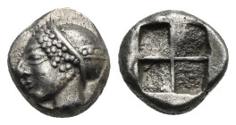 IONIA. Phokaia. Circa 521-478 BC. Diobol (Silver, 9.50 mm, 1.32 g). Head of a nymph to left, wearing a sakkos with a pearled band and a rosette earrin...