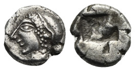 IONIA. Phokaia. Circa 521-478 BC. Diobol (Silver, 10.20 mm, 1.34 g). Harchaic head of a nymph to left, wearing a sakkos with a pearled band and a rose...