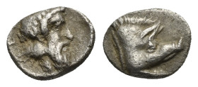 CARIA. Euromos. Circa 400-350 BC. Hemiobol (Silver, 7.68 mm, 0.52 g). Forepart of a boar moving to right. Rev. Bearded and laureate head of Zeus Lepsy...