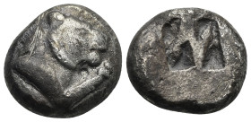 CARIA. Mylasa. Circa 520-490 BC. Stater (Silver, 19.36 mm, 10.92 g) Forepart of lion to right. Rev. Two rectangular incuses. SNG von Aulock 8033; SNG ...