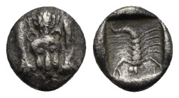 CARIA. Mylasa. Circa 450-400 BC. Hemiobol (Silver, 7.75 mm, 0.56 g). Facing forepart of lion. Rev. Scorpion with tail to right; within incuse square. ...
