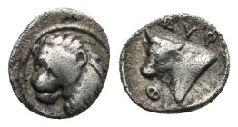 CARIA. Uncertain mint ('Mint C'). Circa 400-350 BC. Hemiobol (Silver, 7.82 mm, 0.47 g), Milesian standard. Head of lion three-quarter facing left; wit...