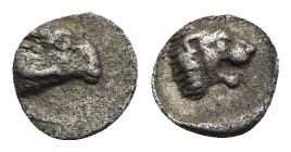 CARIA. Uncertain mint ('Mint H'). Circa 420-400 BC. Tetartemorion (Silver, 6.87 mm, 0.22 g), Milesian standard. Head of ram to right. Rev. Head of roa...