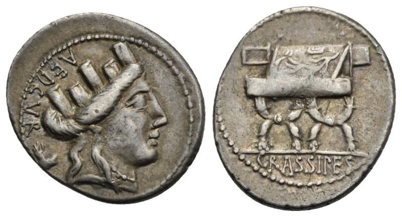 Head of Cybele right, wearing turreted crown; behind AED CVR downwards and defor...