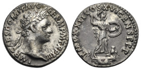 Domitian, 81-96. Denarius (Silver, 18.38 mm, 3.33 g). Rome, circa 93-94. IMP CAES DOMIT AVG-GERM P M TR P XIII Laureate head of Domitian to right. Rev...