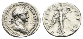 Trajan, 98-117. Quinarius (Silver, 14.79 mm, 1.62 g). Rome, circa 114-117. IMP CAES NER TRAIANO OPTIMO AVG GER DAC Laureate and draped bust to right. ...