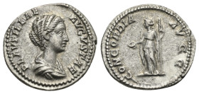 Plautilla, Augusta, 202-205. Denarius (Silver, 19.56 mm, 3.17 g), Rome, 203. PLAVTILLAE AVGVSTAE Draped bust right. Rev. CONCORDIA AVGG Concordia stan...