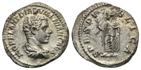 Diadumenian, as Caesar, 217-218. Denarius (Silver, 19.70 mm, 2.89 g). Struck under Macrinus, Rome, 218. M OPEL ANT DIADVMENIAN CAES Bare-headed and dr...