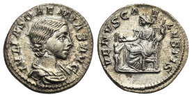 Julia Soaemias, Augusta, (mother of Elagabalus), 218-222. Denarius (Silver, 18.69 mm, 3.13 g). Rome. IVLIA SOAEMIAS AVG Draped bust of Julia Soaemias ...