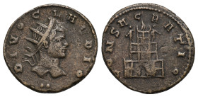 Claudius II Gothicus, 268-270. Antoninianus (Bronze, 20.25 mm, 3.15 g). Gaul mint, 270. DIVO CLAVDIO Radiate head to right; below, two pellets. Rev. C...