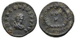 Arcadius, 383-408. Nummus (Ae, 14.00 mm, 1.26 g) Heraclea, 383. DN ARCADIVS P F AVG Draped and cuirassed bust of Arcadius right, wearing pearl diadem....