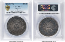 Rio de la Plata 8 Soles 1815 PTS-FL AU53 PCGS, Potosi mint, KM15. One-year issue. A dashing sunface type, with navy blue peering through the wholesome...