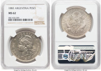 Republic Peso 1882 MS62 NGC, Buenos Aires mint, KM29. Turning scarce at premium levels of preservation, this survivor impresses with its sharp strike ...