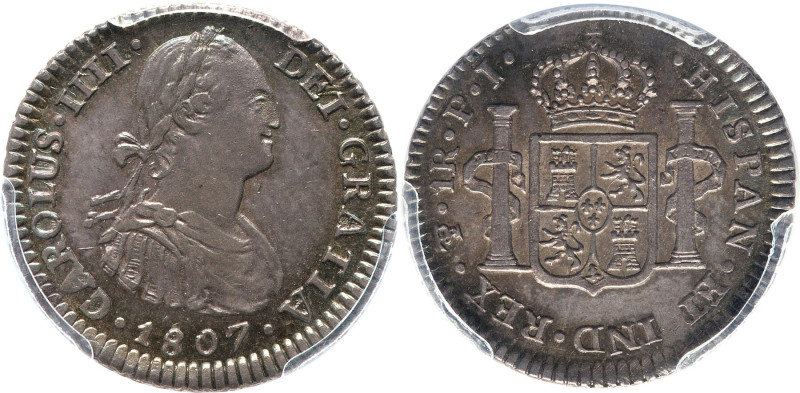 Charles IV Real 1807 PTS-PJ MS65 PCGS, Potosi mint, KM70, Cal-482. A wholly elus...