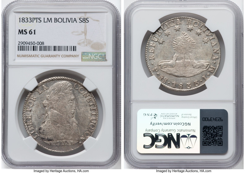 Republic 8 Soles 1833 PTS-LM MS61 NGC, Potosi mint, KM97. Exhibiting strong orig...