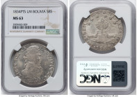 Republic 8 Soles 1834 PTS-LM MS63 NGC, Potosi mint, KM97. Exhibiting exemplary preservation with nacreous surfaces and soft pewter tone. Tied with two...