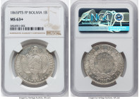 Republic Boliviano 1865 PTS-FP MS63+ NGC, Potosi mint, KM152.1. A prized emission in such an appealing Choice state of preservation, its icy white lus...