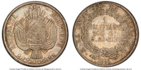 Republic Boliviano 1865/1 PTS-FP AU55 PCGS, Potosi mint, KM152.1. "D" over retrograde "D" variety. Currently the only example certified by PCGS. HID09...