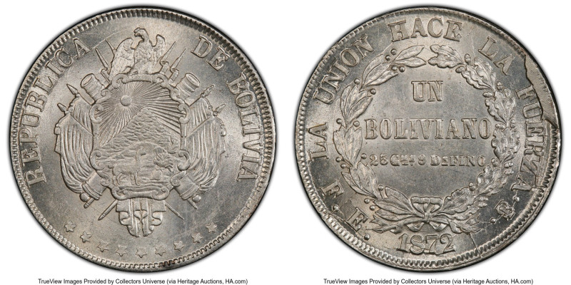 Republic Boliviano 1872 PTS-FE MS63 PCGS, Potosi mint, KM155.4. Elaborate shield...