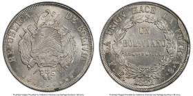Republic Boliviano 1872 PTS-FE MS63 PCGS, Potosi mint, KM155.4. Elaborate shield variety. A more difficult type, especially when located at the Choice...