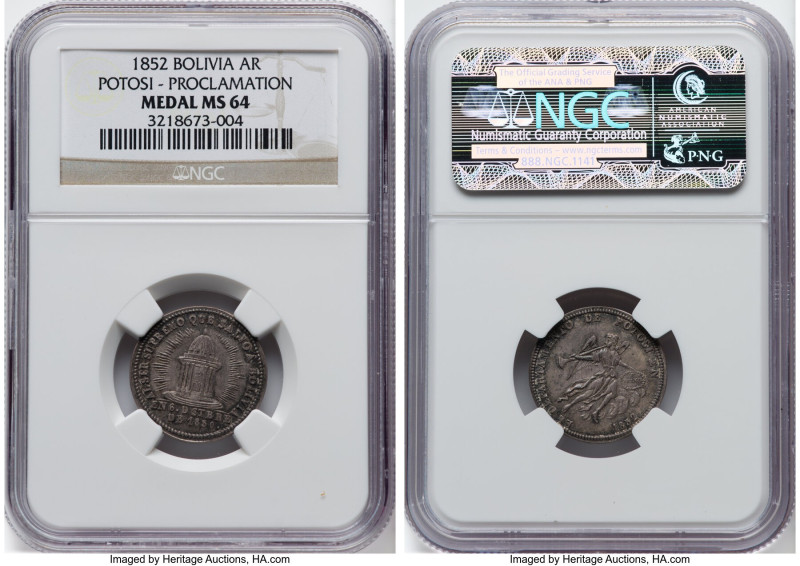 Republic silver "Potosi - Proclamation" Medal 1852 MS64 NGC, Burnett-48A var, Fo...