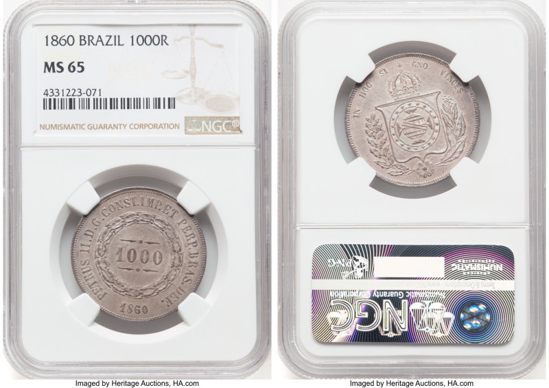 Pedro II 1000 Reis 1860 MS65 NGC, KM465. A delightful plum patina coats the lust...