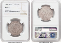 Pedro II 1000 Reis 1860 MS65 NGC, KM465. A delightful plum patina coats the lustrous argent surfaces. This is the only example at the assigned grade. ...