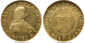 Ferdinand VI gold 8 Escudos 1759 So-J AU55 NGC, Santiago mint, KM12, Cal-837. "FERDINANDUS" variety. An always coveted type that remains hotly pursued...