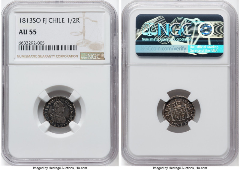 Ferdinand VII 1/2 Real 1813 So-FJ AU55 NGC, Santiago mint, KM64. A scarce Chilea...