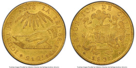 Republic gold 8 Escudos 1837 So-IJ AU58 PCGS, Santiago mint, KM93. An impeccable survivor of this short-live yet instantly recognizable type, preserve...