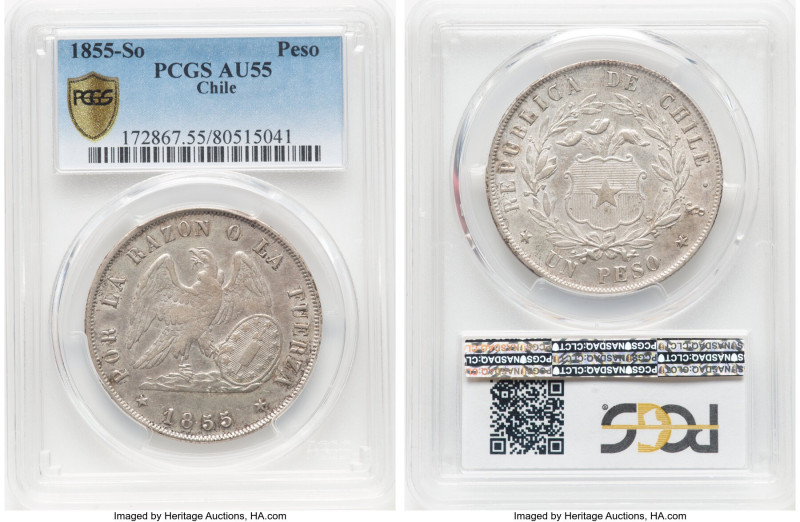 Republic Peso 1855-So AU55 PCGS, Santiago mint, KM129. The pale, elegant patina ...