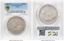Republic Peso 1855-So AU55 PCGS, Santiago mint, KM129. The pale, elegant patina is vitalized by elements of toning around the peripherals. HID09801242...