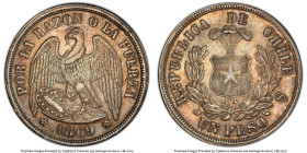 Republic Peso 1869-So AU55 PCGS, Santiago mint, KM142.1. Among the tougher dates, with only 9 currently submitted to both conditional censuses. HID098...