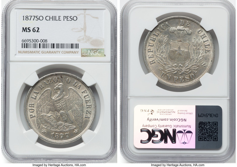 Republic Peso 1877-So MS62 NGC, Santiago mint, KM142.1. A popular Condor type co...