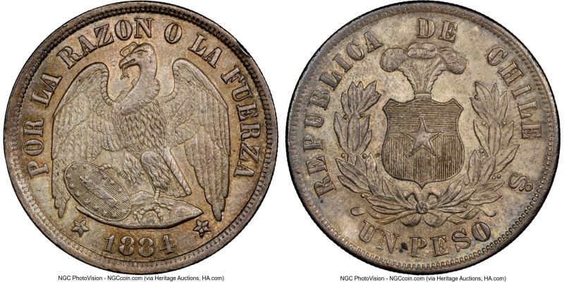 Republic Peso 1884-So MS65 NGC, Santiago mint, KM142.1. Especially difficult to ...