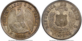 Republic Peso 1884-So MS65 NGC, Santiago mint, KM142.1. Especially difficult to locate at the Gem level and finer, whose subtle radiance and tangerine...