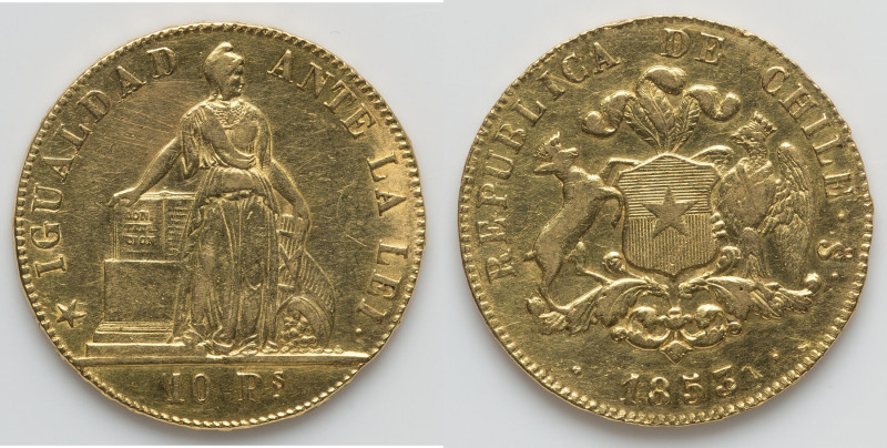 Republic gold 10 Pesos 1853-So VF, Santiago mint, KM123. 29.6mm. 15.25gm. HID098...