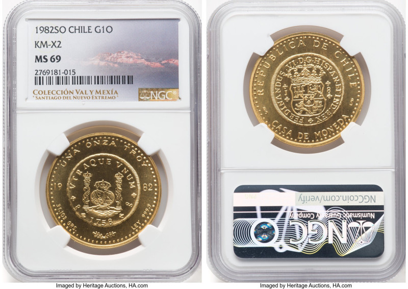 Republic gold Onza 1982-So MS69 NGC, Santiago mint, KM-X2. On the cusp of techni...