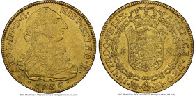 Charles IV gold 8 Escudos 1786 NR-JJ AU53 NGC, Nuevo Reino mint, KM50.1a. An attractive coin with only limited wear evidence on the higher points and ...
