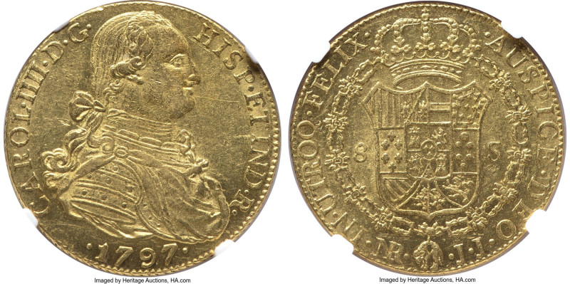 Charles IV gold 8 Escudos 1797 NR-JJ MS61 NGC, Nuevo Reino mint, KM62.1, Cal-173...