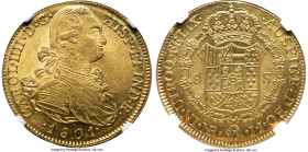Charles IV gold 8 Escudos 1801 NR-JJ MS64 NGC, Santa Fe de Nuevo Reino (Bogota) mint, KM62.1, Cal-1738, Restrepo-97.25. A deliciously frosty condition...