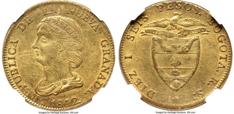 Nueva Granada gold 16 Pesos 1842 BOGOTA-RS AU50 NGC, Bogota mint, KM94.1. A char...