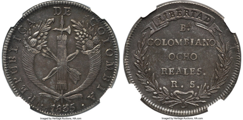 Republic 8 Reales 1835 Ba-RS AU58 NGC, Bogota mint, KM89. A decidedly advanced r...