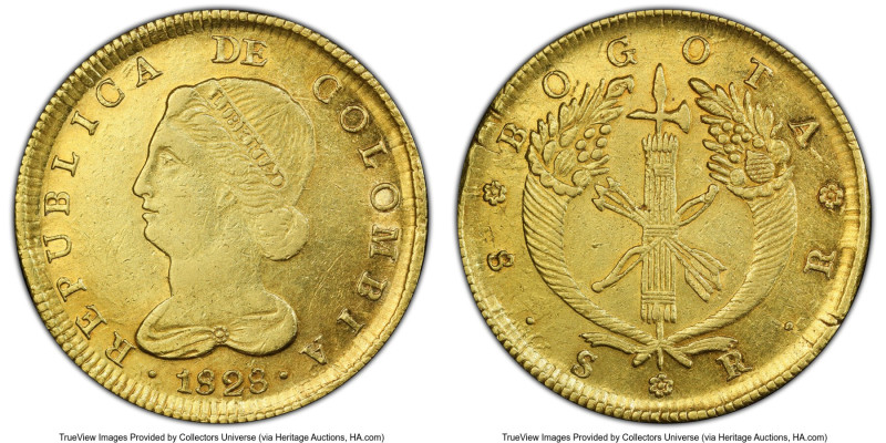 Republic gold 8 Escudos 1828 BOGOTA-RR AU55 PCGS, Bogota mint, KM82.1, Restrepo-...