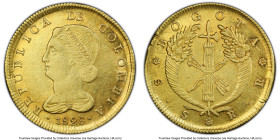 Republic gold 8 Escudos 1828 BOGOTA-RR AU55 PCGS, Bogota mint, KM82.1, Restrepo-165.14. A pleasantly luminous golden-rod specimen with considerable re...